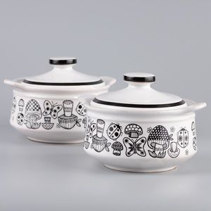 Mushroom Butterfly Ladybug Black White Retro Stoneware Bowl